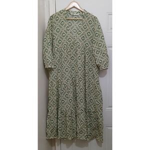 Zara womens large tiered maxi dress green cream beach boho flowy peasant
